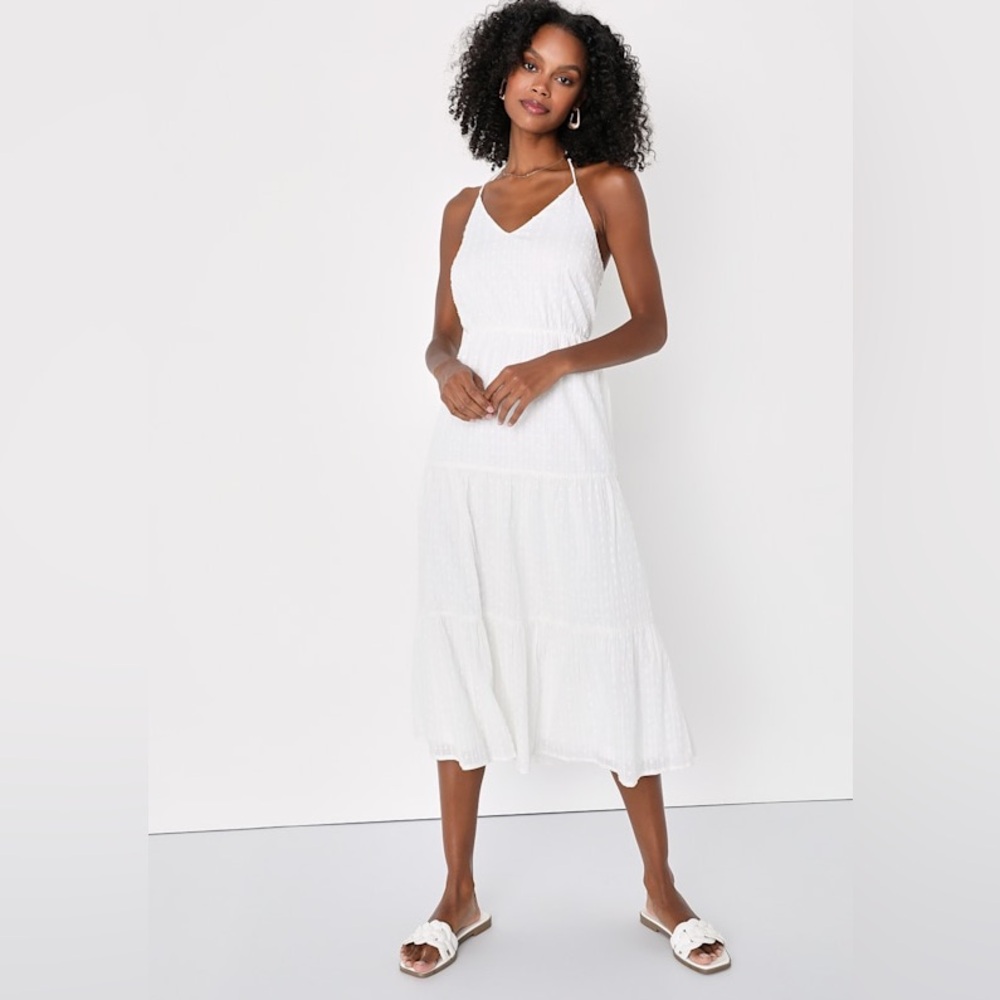 Lulus Sunny Reverie White Swiss Dot Lurex Halter Midi Dress | Size M | NWT